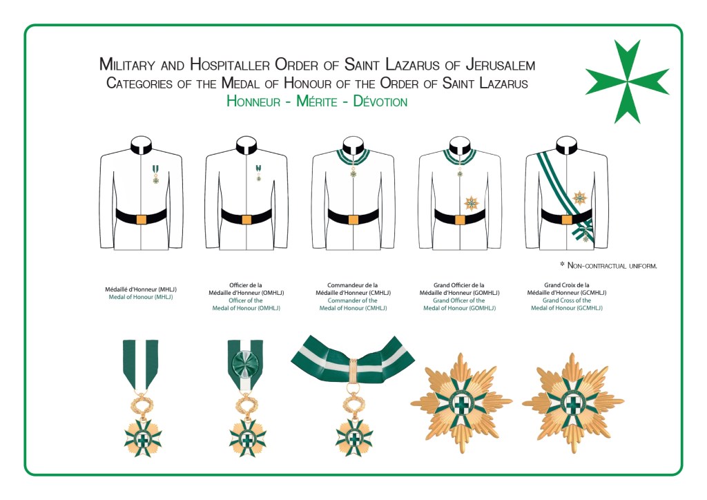 The Medal of Honor of Saint Lazarus is awarded to members and non-members alike for exceptional service rendered above and beyond, or to dignitaries for their humanitarian commitments, to the mission and pillars of the Order of Saint Lazarus of Jerusalem.